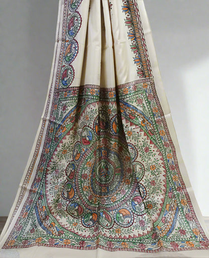 Matasya Madhubani Hand Painted Tussar Silk Saree | Peepal Clothing