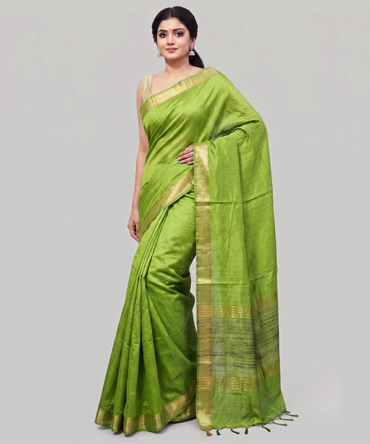 Mehendi Green Handloom Tussar Moonga Silk Saree with Antique Gold Temple Zari Border