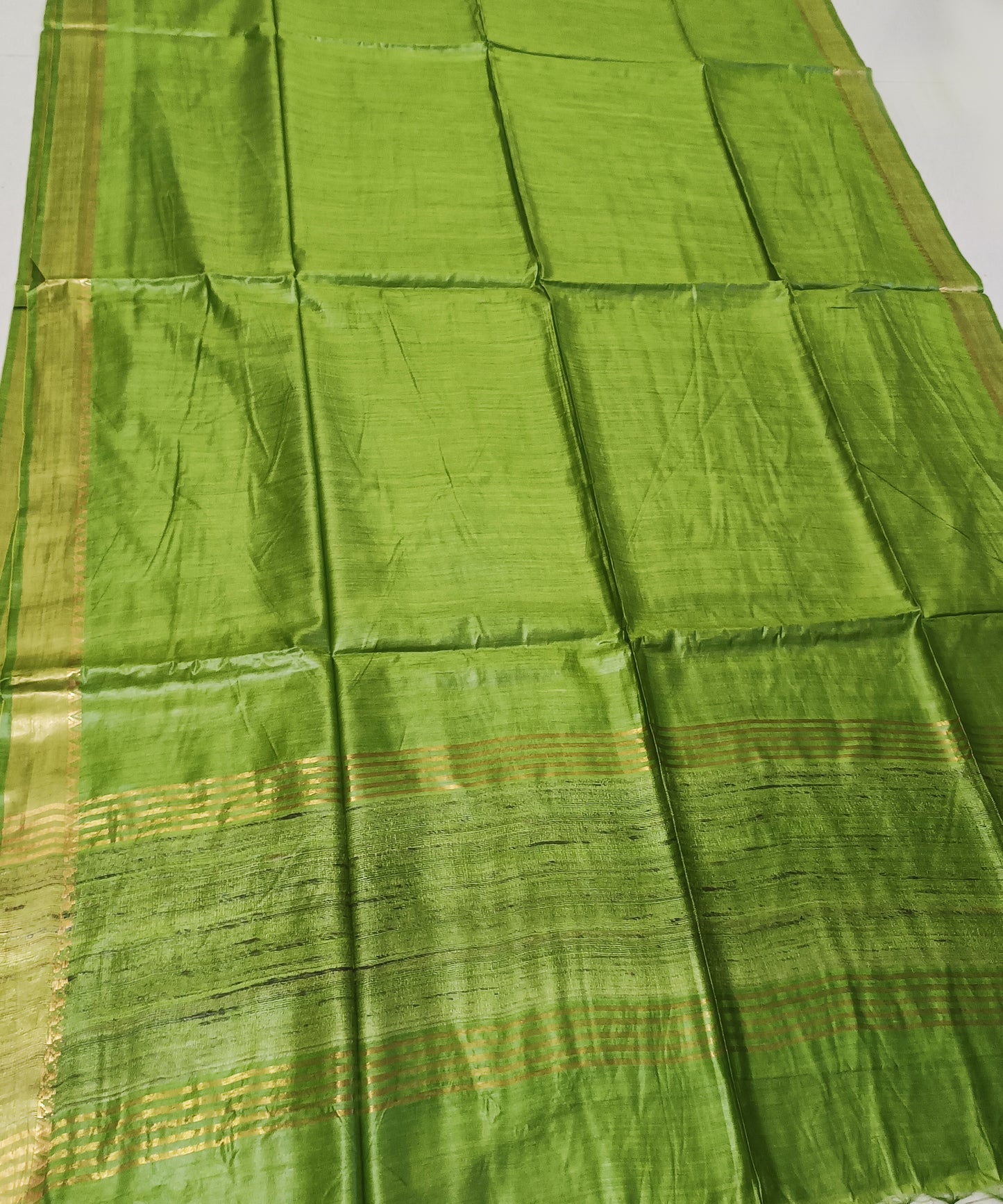 Mehendi Green Handloom Tussar Moonga Silk Saree with Antique Gold Temple Zari Border