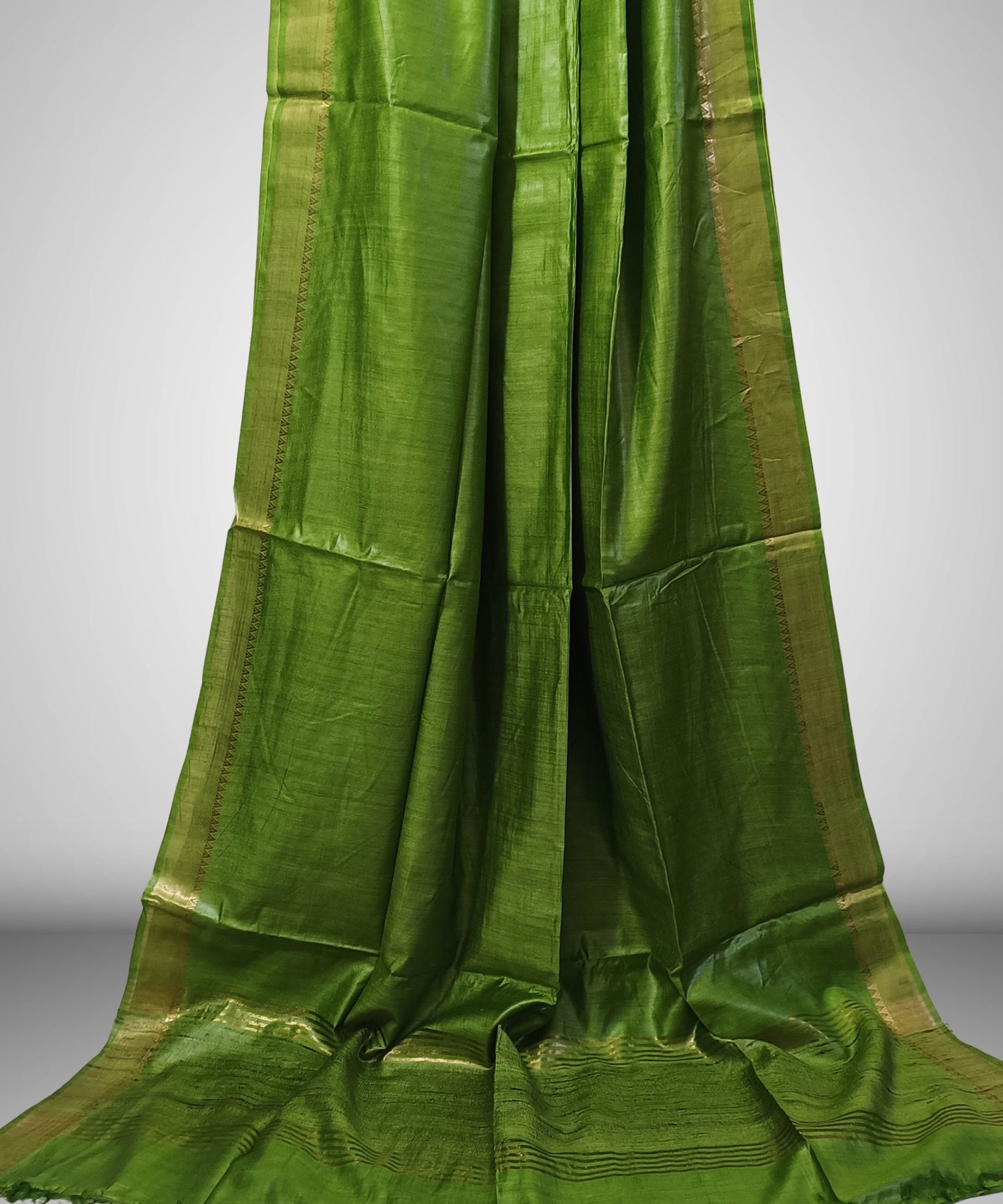Mehendi Green Handloom Tussar Moonga Silk Saree with Antique Gold Temple Zari Border