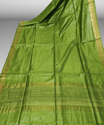 Mehendi Green Handloom Tussar Moonga Silk Saree with Antique Gold Temple Zari Border