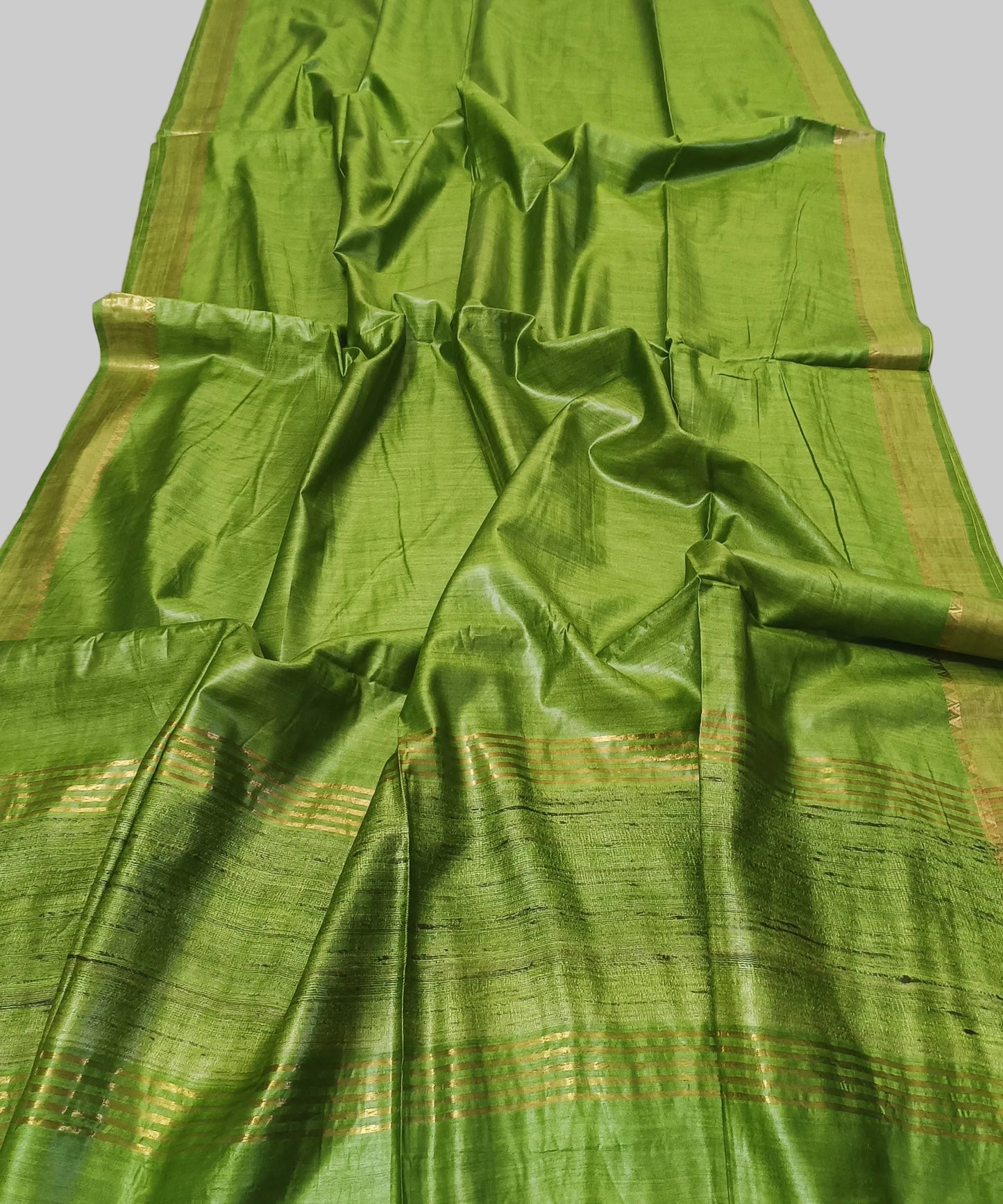 Mehendi Green Handloom Tussar Moonga Silk Saree with Antique Gold Temple Zari Border