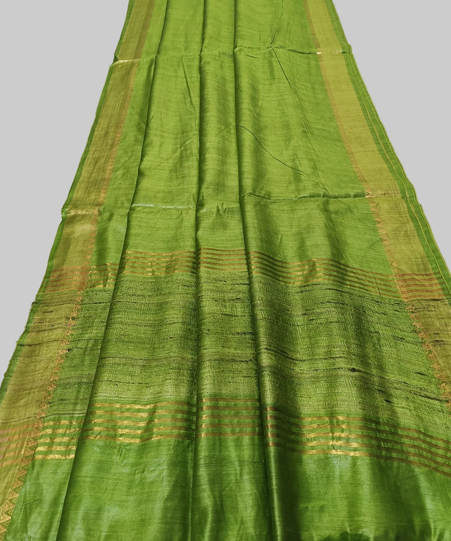 Mehendi Green Handloom Tussar Moonga Silk Saree with Antique Gold Temple Zari Border