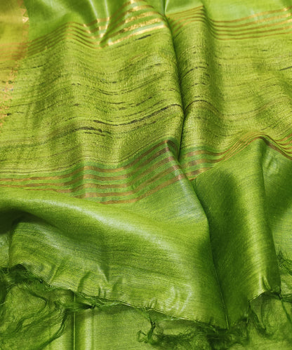 Mehendi Green Handloom Tussar Moonga Silk Saree with Antique Gold Temple Zari Border
