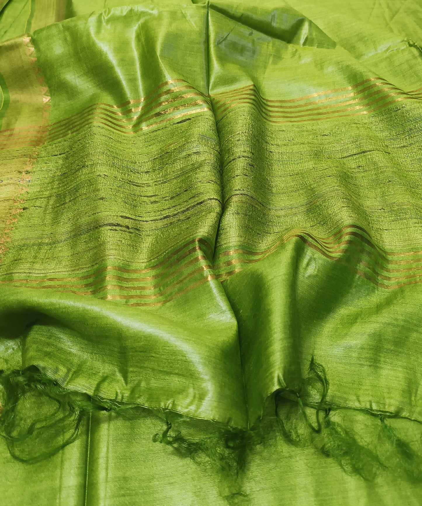 Mehendi Green Handloom Tussar Moonga Silk Saree with Antique Gold Temple Zari Border