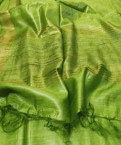 Mehendi Green Handloom Tussar Moonga Silk Saree with Antique Gold Temple Zari Border