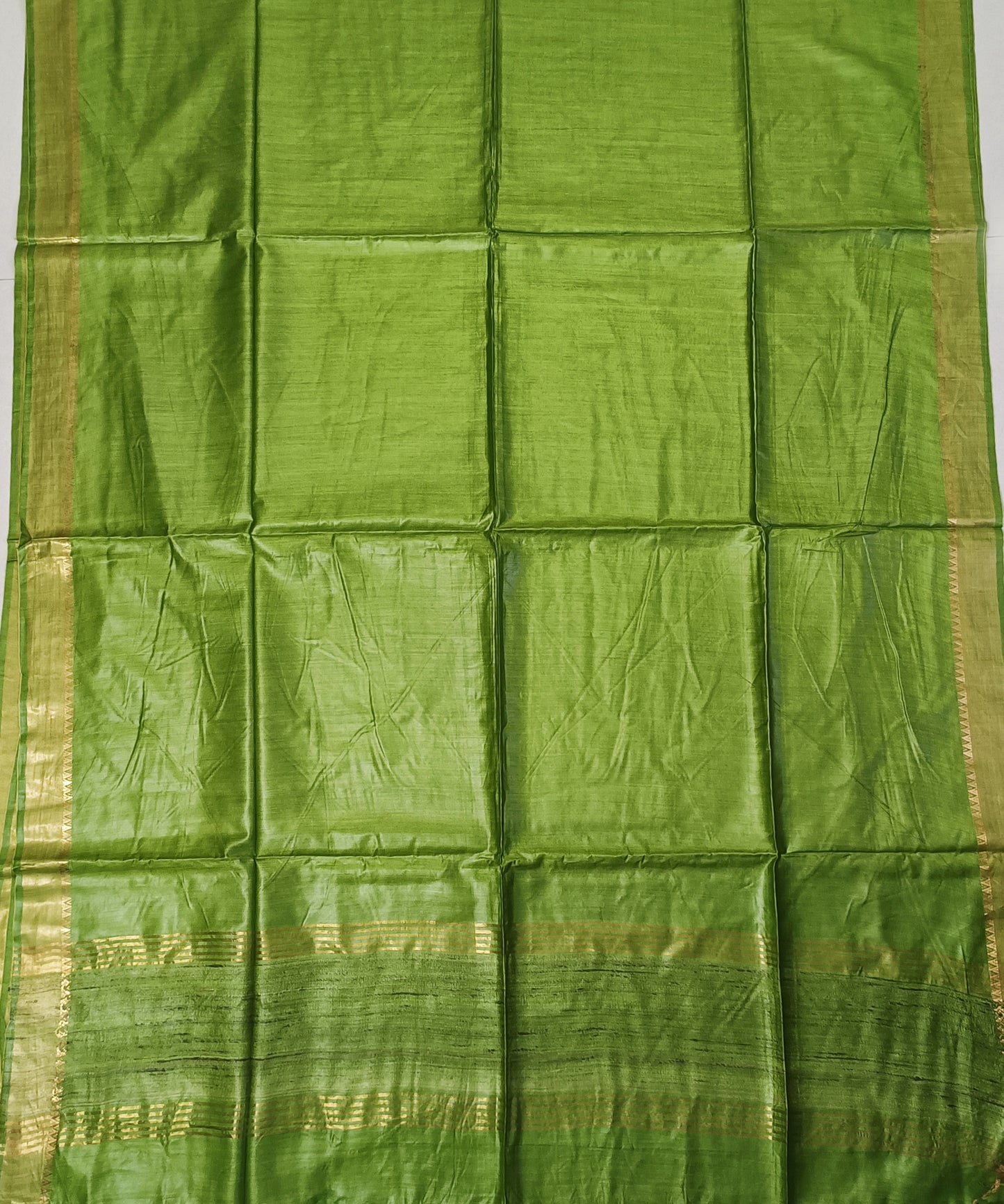 Mehendi Green Handloom Tussar Moonga Silk Saree with Antique Gold Temple Zari Border