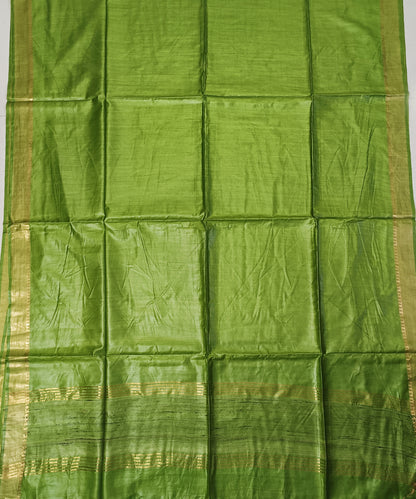 Mehendi Green Handloom Tussar Moonga Silk Saree with Antique Gold Temple Zari Border