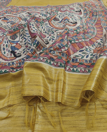 Mustard Madhubani Hand Painted Ghicha Tussar Silk Saree