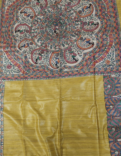 Mustard Madhubani Hand Painted Ghicha Tussar Silk Saree