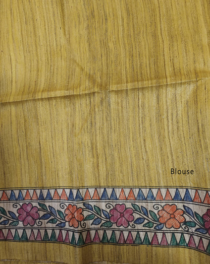 Mustard Madhubani Hand Painted Ghicha Tussar Silk Saree