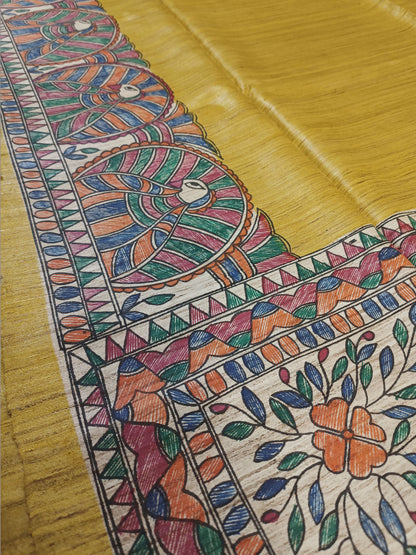 Mustard Madhubani Hand Painted Ghicha Tussar Silk Saree