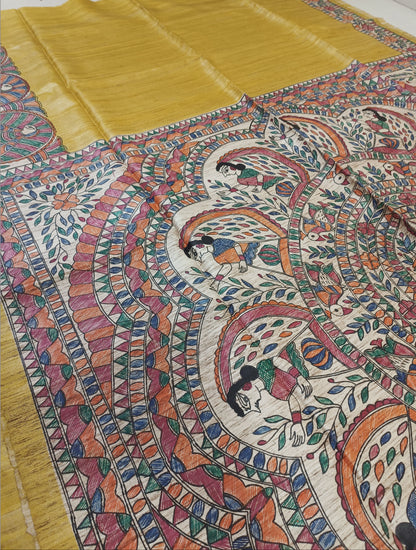 Mustard Madhubani Hand Painted Ghicha Tussar Silk Saree