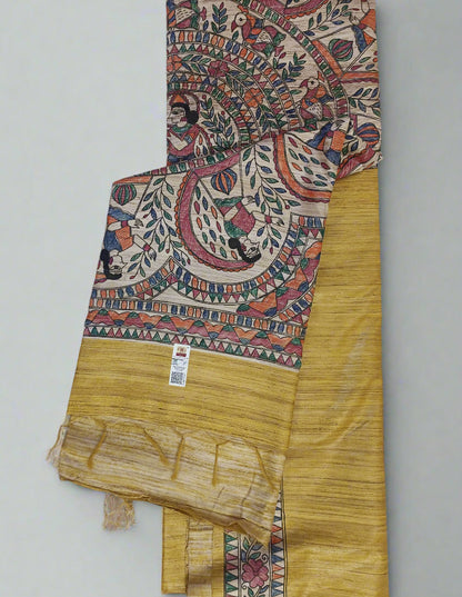 Mustard Madhubani Hand Painted Ghicha Tussar Silk Saree