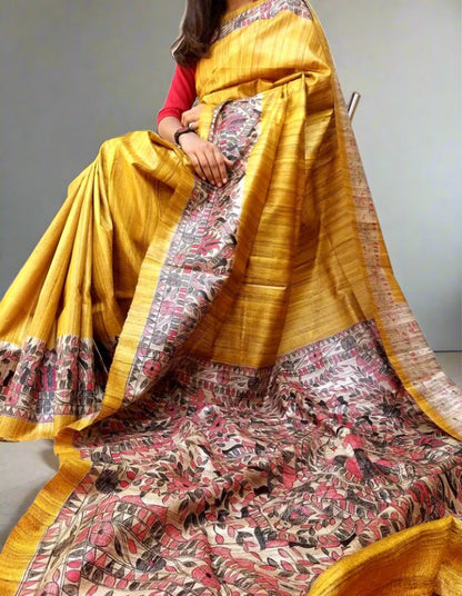 Mustard Tassar Ghicha Madhubani Hand Painted Saree