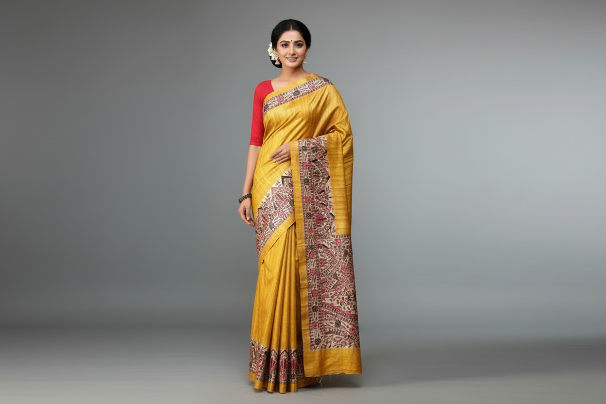 Mustard Tassar Ghicha Madhubani Hand Painted Saree