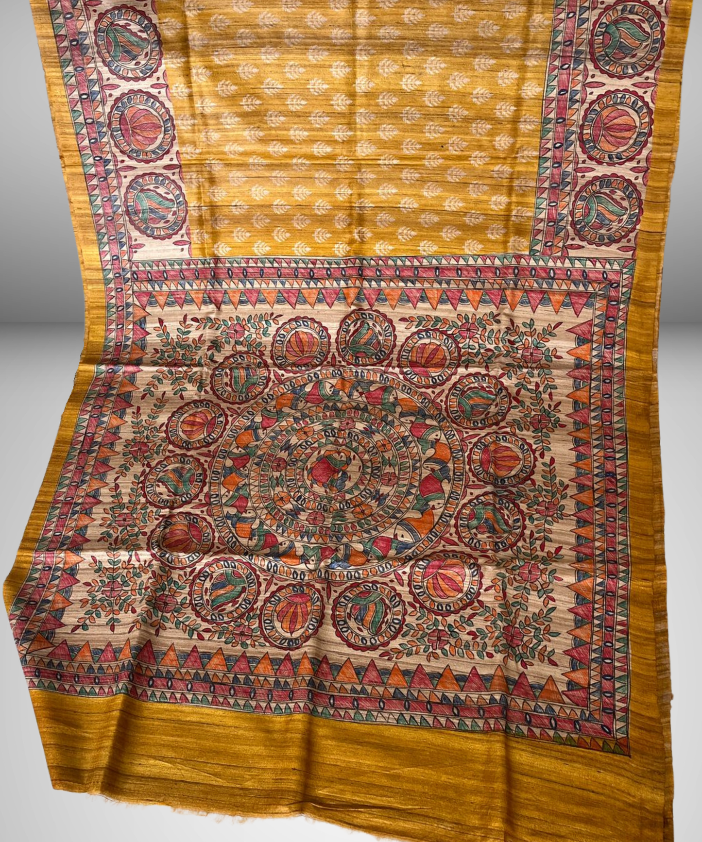 Mustard Yellow Mithila Hand Painted Tussar Ghicha Silk Saree
