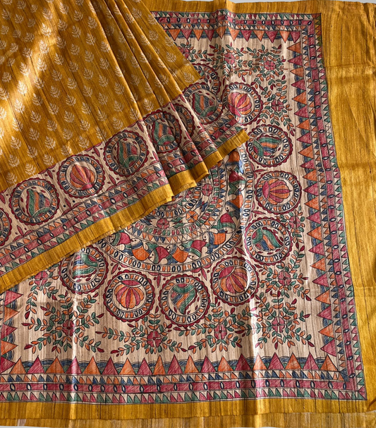 Mustard Yellow Mithila Hand Painted Tussar Ghicha Silk Saree