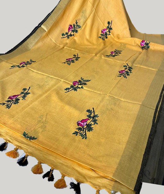 Mustard Bird Embroidered Linen Saree | Peepal Clothing
