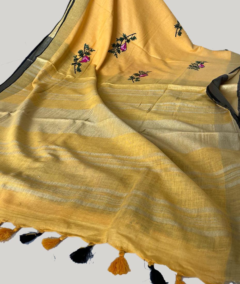 Embroidered Linen Saree | Peepal Clothing