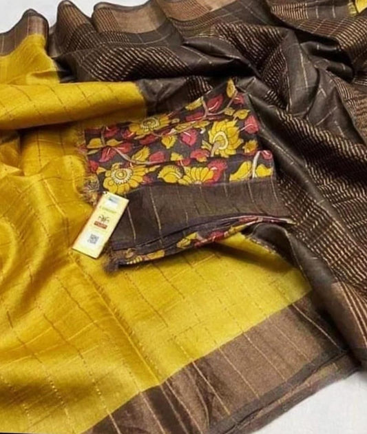 Mustard Bishnupuri Checked Zari Tussar Silk Saree |Peepal Clothing