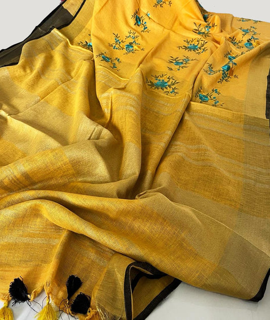 Mustard Floral Embroidered Linen Saree | Peepal Clothing