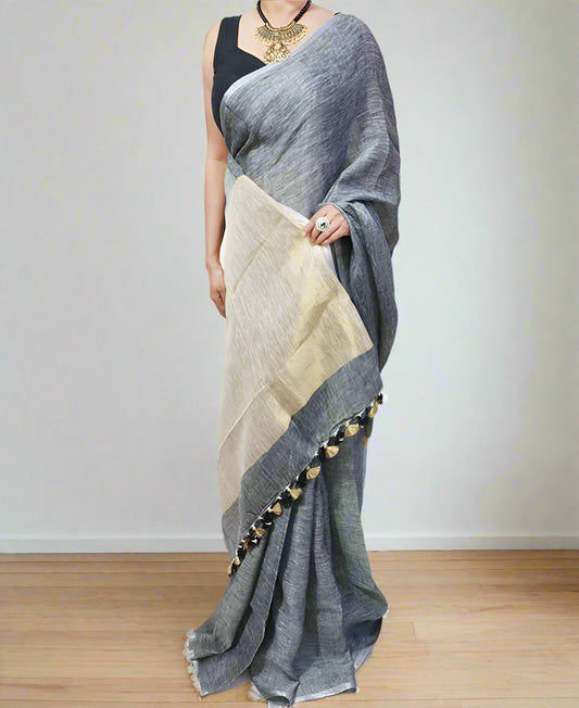 Narrow Border Grey Handloom Pure Linen Saree