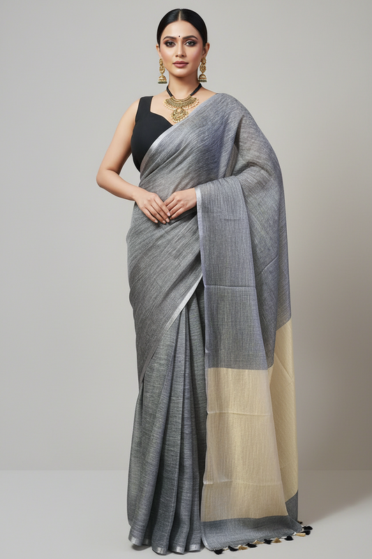 Narrow Border Grey Handloom Pure Linen Saree