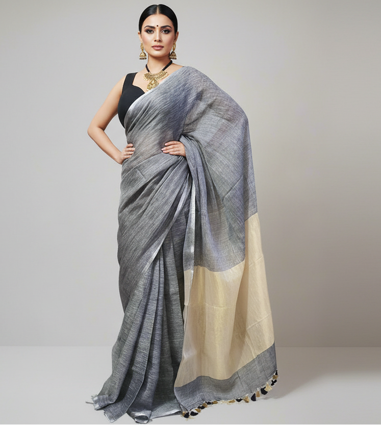 Narrow Border Grey Handloom Pure Linen Saree