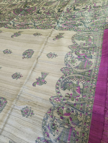 Natural Madhubani Printed Saree with Pink Edge