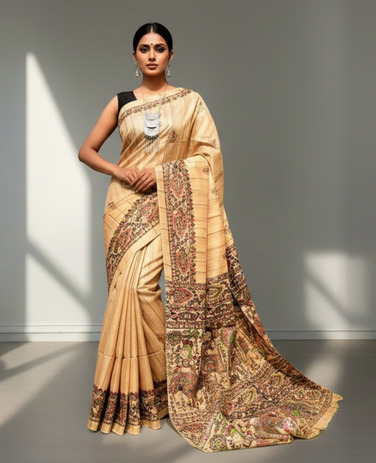 Natural Madhubani Printed Tussar Ghicha Silk Saree