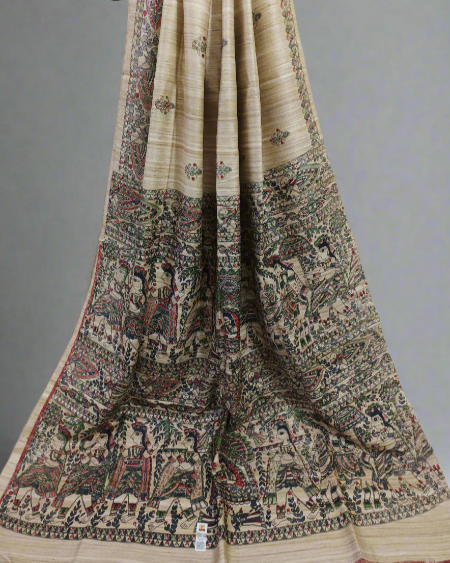 Natural Madhubani Printed Tussar Ghicha Silk Saree
