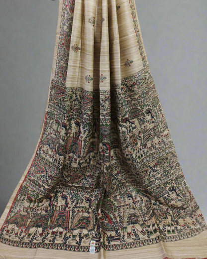 Natural Madhubani Printed Tussar Ghicha Silk Saree