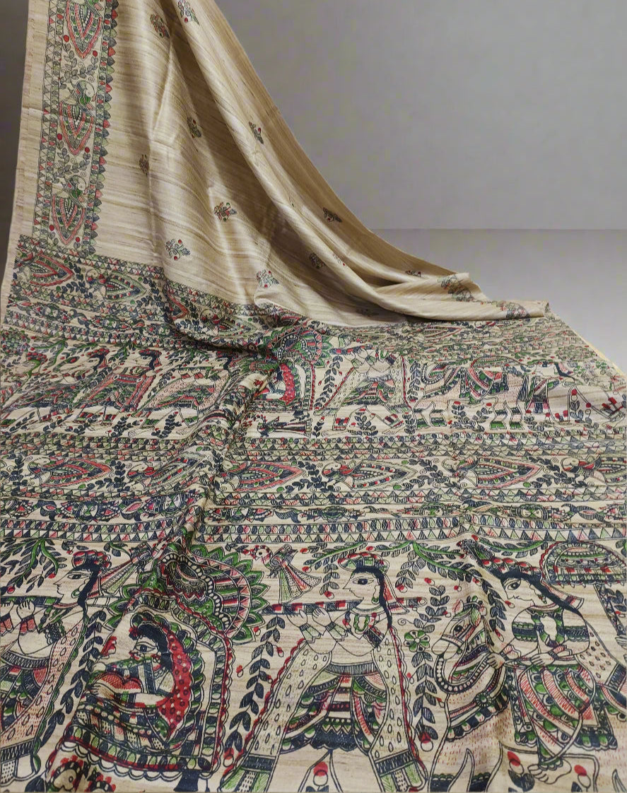 Natural Madhubani Printed Tussar Ghicha Silk Saree