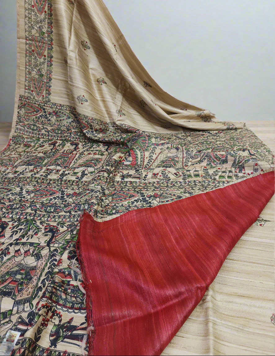 Natural Madhubani Printed Tussar Ghicha Silk Saree
