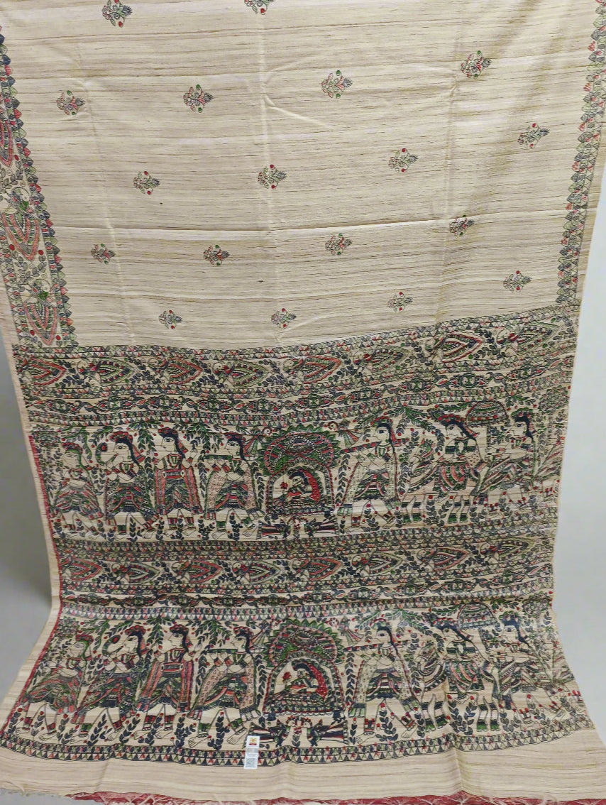 Natural Madhubani Printed Tussar Ghicha Silk Saree