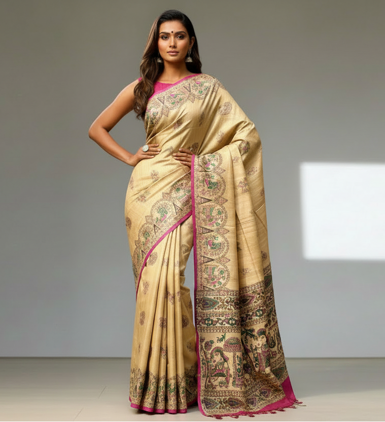 Natural Madhubani Printed Saree with Pink Edge
