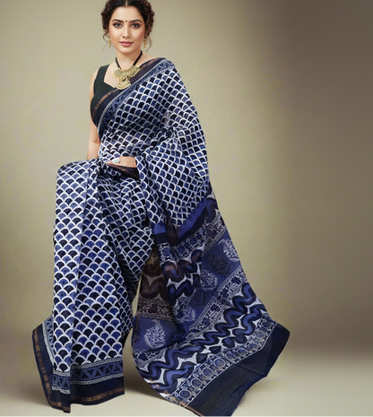 Navy Blue Chanderi Saree with Zari Border