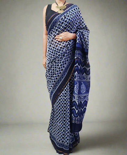 Navy Blue Chanderi Saree with Zari Border