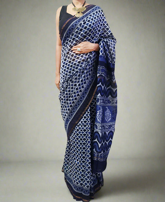 Navy Blue Chanderi Saree with Zari Border