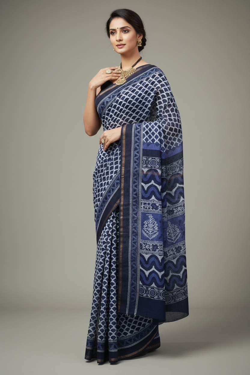 Navy Blue Chanderi Saree with Zari Border