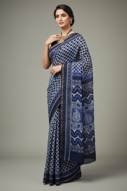 Navy Blue Chanderi Saree with Zari Border