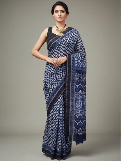 Navy Blue Chanderi Saree with Zari Border