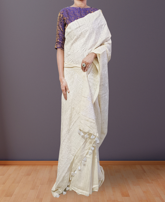 Off-white Embroidered Ghicha Silk Saree