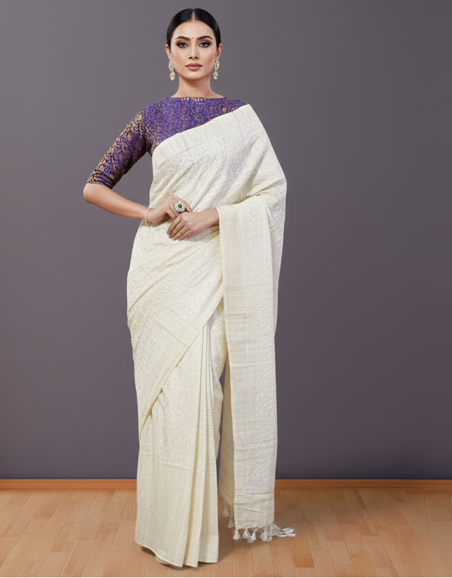 Off-white Embroidered Ghicha Silk Saree