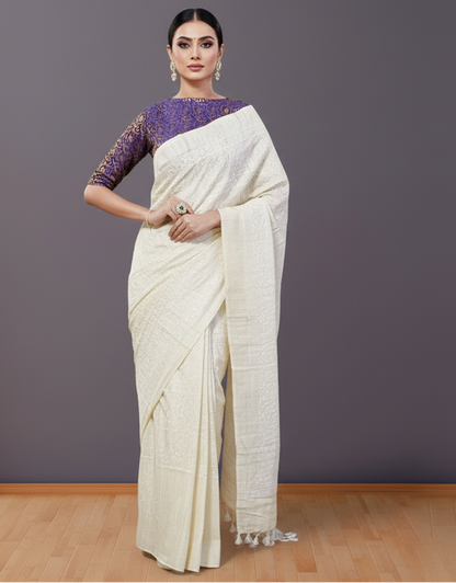 Off-white Embroidered Ghicha Silk Saree