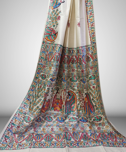 Off-White Hand-Painted Madhubani Pure Tussar Silk Saree | Traditional Village Folk & Lotus Motif Pallu
