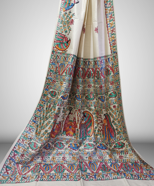 Off-White Hand-Painted Madhubani Pure Tussar Silk Saree | Traditional Village Folk & Lotus Motif Pallu