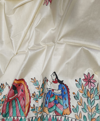 Off-White Hand-Painted Madhubani Pure Tussar Silk Saree | Traditional Village Folk & Lotus Motif Pallu