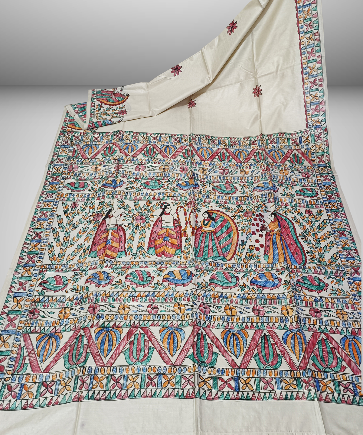 Off-White Hand-Painted Madhubani Pure Tussar Silk Saree | Traditional Village Folk & Lotus Motif Pallu